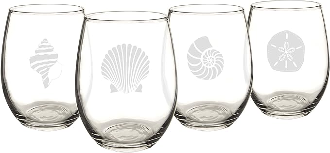 Cathy's Concepts SEA-1110 Seashell Stemless Wine Glasses – 4 Unique Designs, Holds Up to 21 oz., 4-Glass Set