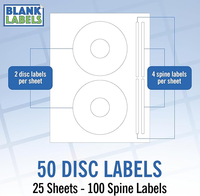 CD/DVD Label Full Face | Qty 50 Disc, 50 Spine | 25 Sheets Total | Permanent White Matte | Inkjet & Laser Compatible | Memorex Large Core | Easy to Peel | Made in USA | Blank Label