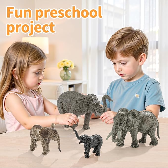 4PCS Safari Elephant Animals Figurines Toys, Plastic Zoo Animals Toys for Kids Includes African & Asian Elephant and Cubs, Birthday Gift Party Favors Cake Toppers for Boys Girls