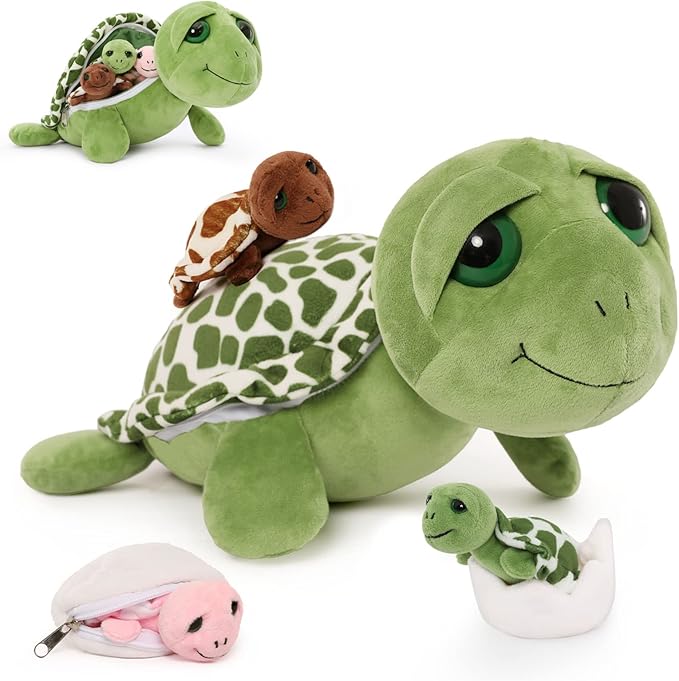 6Pcs Turtle Stuffed Animals with Three Babies Inside Shell,14" Sea Turtle Plush Pillow Toy with Two Eggs, Stuffed Tortoise for Kids, Ocean Plush for Birthday Christmas or Baby Shower