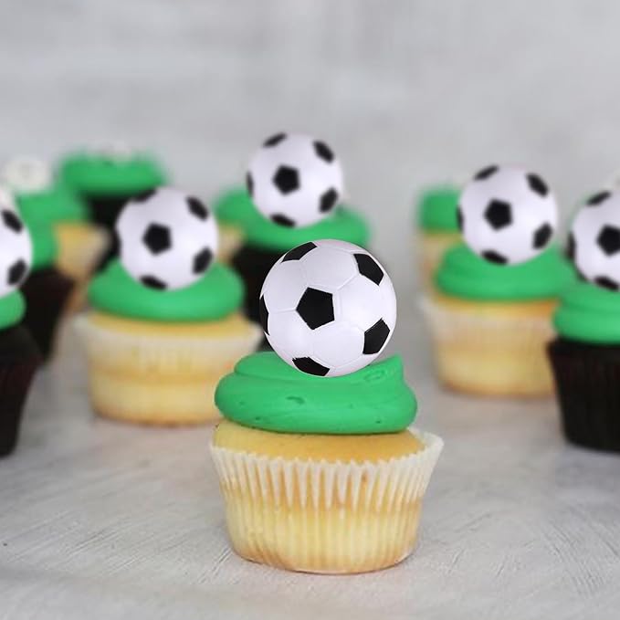 Rsstarxi 12 Pack 3D Soccer Cupcake Toppers Soccer Party Decorations Football Ball Cake Toppers for Sports Theme Baby Shower Kids Birthday Party Cake Decorations