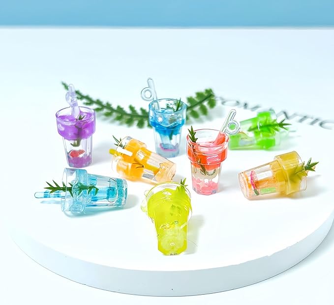 8 Pieces Miniature Dollhouse Drinks Set – Resin Glass Cup and Fruit Beverage Bottles, Simulated Drink Models for Summer Leisure-Themed Decor Decor, 1.05 x 0.39 Inch Mini Props for DIY Craft Display