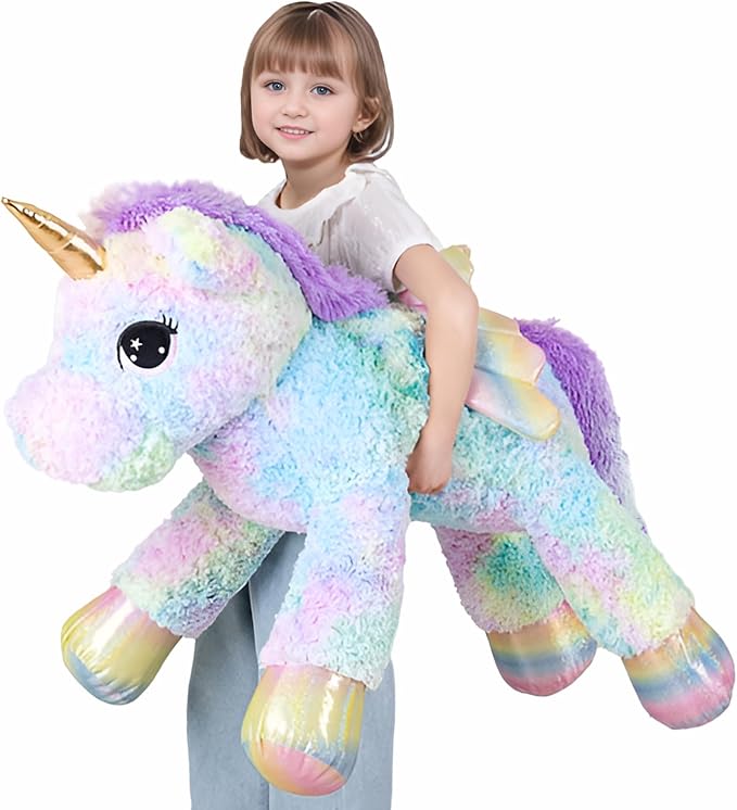 44 Inch Giant Rose Rainbow Unicorn Stuffed Animal Plush Toy with Wings Soft Cute Large Unicorn Plushies Animals Body Pillow Gift for Children Boy Girl Kids Birthday Valentine Room Decorations