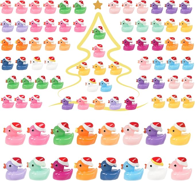 160 Pcs Small Christmas Ducks with Santa Hat, Mini Resin Ducks Little Plastic Duck for Xmas, Dollhouse Accessories, Micro Landscapes, Fairy Garden Home Decorations