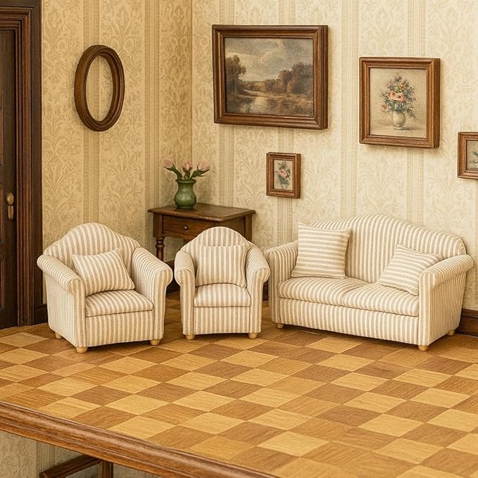 3PCS Dollhouse Couch – 1/12 Scale Miniature Double & Single Sofa with Pillow Upholstered Armchair Set, Doll House Living Room Mini Furniture Accessories Timeless Classic for Bedroom Sectional Décor