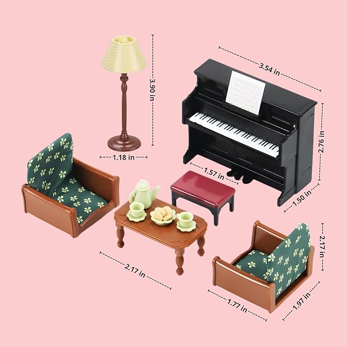 Family Dollhouse Living Room Set — Piano with Bench & Sheet Music, Two Armchairs, Coffee Table, Floor Lamp & Tea Set — Dollhouse Furniture & Accessories for Ages 3+