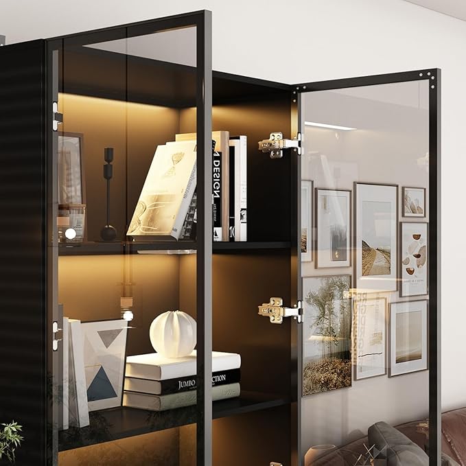FAMAPY Display Cabinet with Lights, Glass Cabinet with Doors and 4 Tier Shelves, Bookcase Display Case for Collectible, Living Room Office, Black 31.5”W x 15.7”D x 63”H