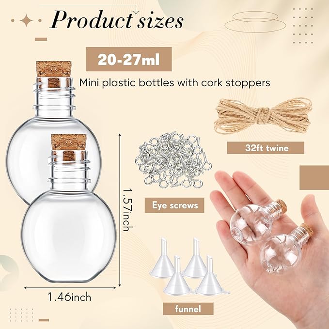 Bokon 25 Pack 1oz Plastic Mini Potion Bottles with Corks Spherical Small Sand Art jar Tiny Clear Ball Shape Liquor Bottles Bulk Wishing Vial for Birthday Halloween Party Favor DIY Crafts Gift