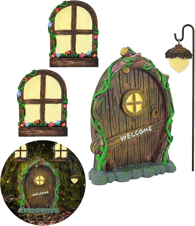 Jauay Miniature Fairy Garden Accessories: Glow in The Dark Fairy Door and Windows for Trees, Green Resin Garden Ornament with Lantern
