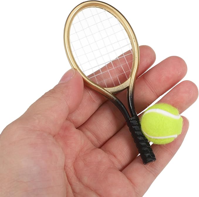 LOGOFUN 9 Sets Mini Tennis Racket and Ball Set 1:12 Miniature Tennis Racquet Kit Dollhouse Tennis Toy Mini Tennis Cake Topper for Sports Equipment Dollhouse Decorations Accessories