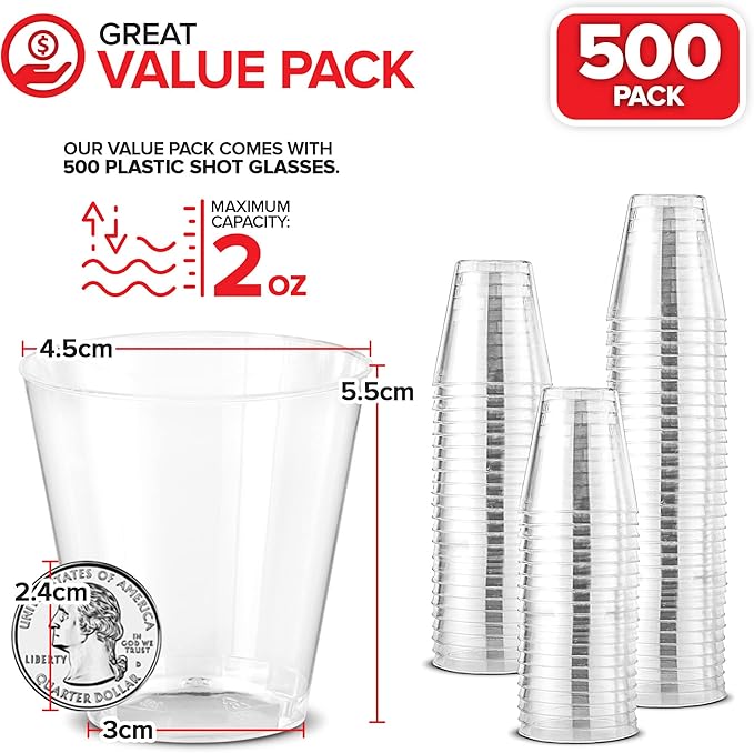 Stock Your Home 2 oz Shot Glasses - 500 Mini Plastic Shot Glasses (2oz) Clear Disposable Cups for Jello Shots, Wine Tasting, Liquor, Whiskey, Pudding, Sample Cup for Halloween and Elegant Parties