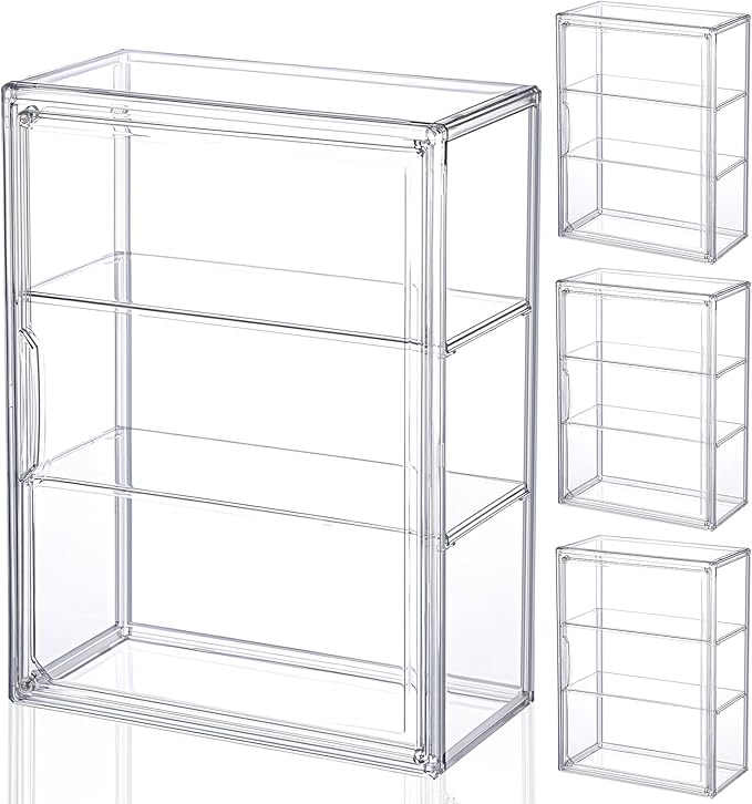 6 Pcs Clear Acrylic Display Case 3 Tier Display Shelf Storage Boxes Cabinet Organizer with Magnetic Door for Figures Toys (Clear)
