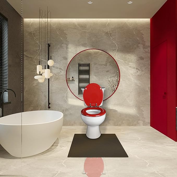 Red Round Toilet Seat Natural Wood Toilet Seat with Zinc Alloy Hinges, Easy to Install also Easy to Clean, Scratch Resistant Toilet Seat by Angol Shiold (Round, Red)