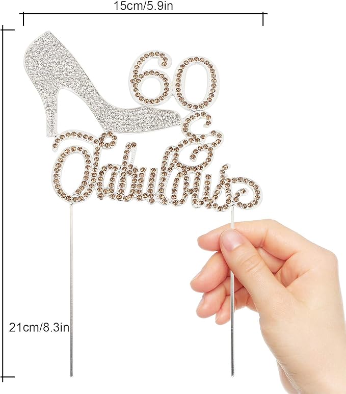 LINGTEER 60 Fabulous Silver High Heel Rhinestone Crystal Cake Topper Perfect for 60th Birthday Anniversary Party Keepsake Sparkle Decoration