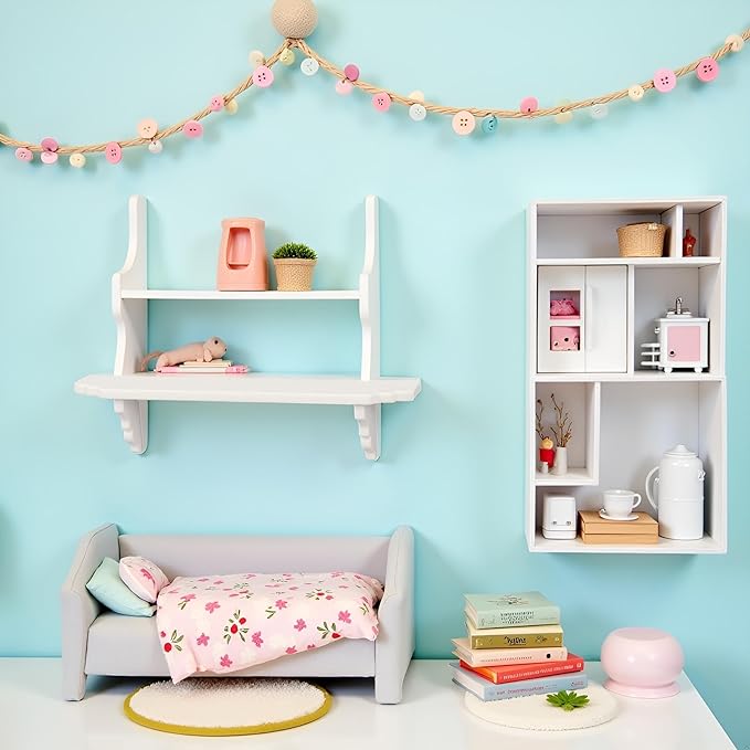 White Dollhouse Wall Shelf, 1:12 Scale Miniature Dollhouse Accessories, Doll House Storage Wall Shelf for Kitchen Scene Wall Decor Miniature Bedroom Mini Furniture Accessory