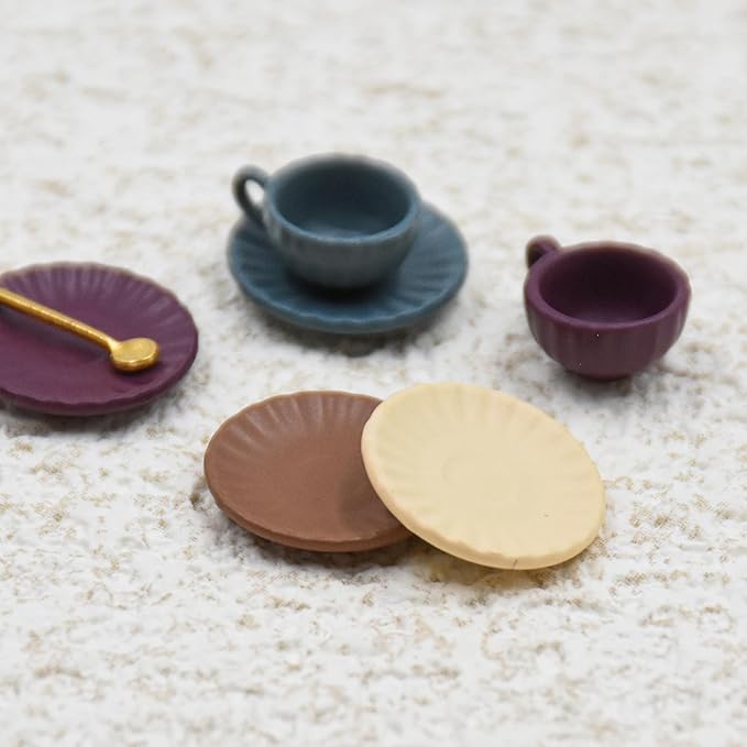 5 Set Dollhouse Miniature Coffee Cups Miniature Dollhouse Accessories 15 Pieces Mini Coffee Cup Plate Spoon for Mini Kitchen Accessories
