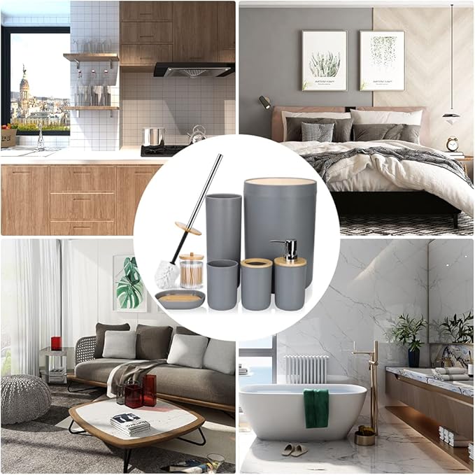 OTOSTAR Bathroom Accessory Set 8 Pieces Bathroom Accessories Set Bamboo Gift Bathroom Set with Trash Can Toothbrush Holder Soap Dispenser Soap and Lotion Set Tumbler Cup 2 Qtip Holder Jars (Grey)