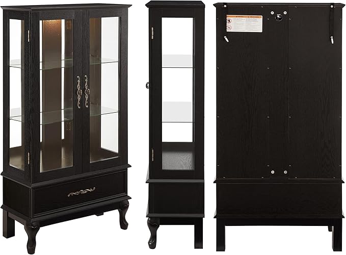 51" H Lighted Glass Curio Display Cabinet with 2 Doors & 1 Drawer, Wooden Glass Curio Showcase w/Adjustable Shelves & Mirrored Back Panel, Storage Cabinet Display Case for Living Room (Black)