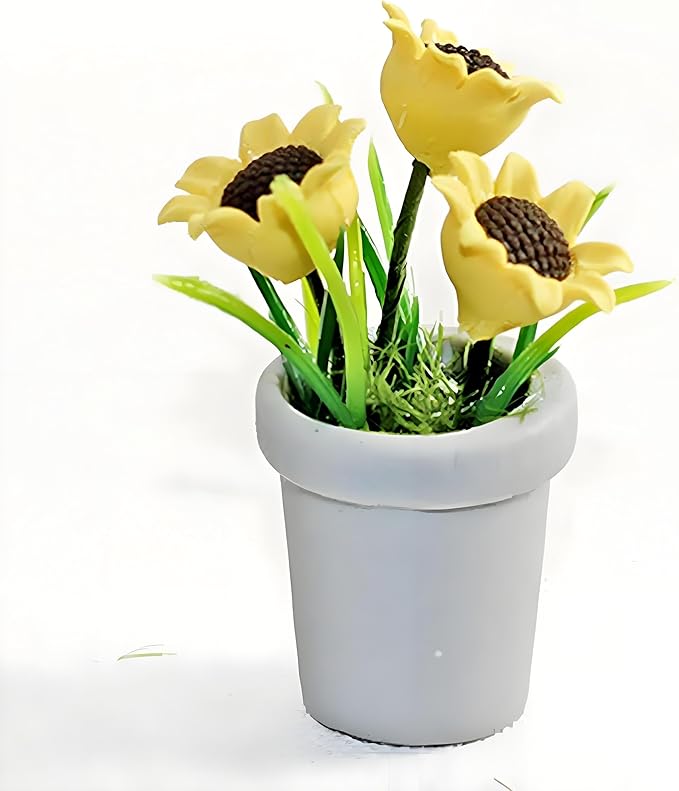 Miniature Sunflower Pots, 1/12 Scale, Dollhouse Accessories Resin Home Decor, Realistic Clay Flower Plants in Pots Blooming House Plant Home Indoor Decoration