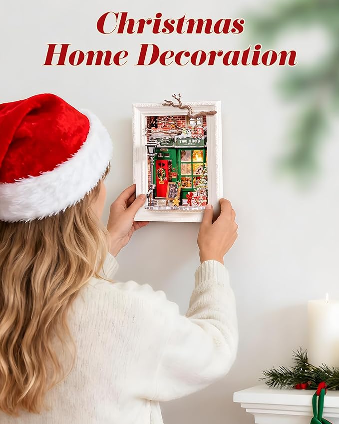Rolife 3D Diorama Frame, Wall-Mounted Shadow Box & Dollhouse Display Case for & Christmas Decor, Quick-Build Unfinished Kit, Halloween Memorial Gift for Families (Santa's Toy Shop)