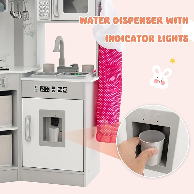 INFANS Corner Kids Kitchen Playset, Toddler Wooden Pretend Cooking Set with Real Running Water Circulation Realistic Light Sound Stove Storage Cabinet Removable Sink Simulation Play Kitchen Toy