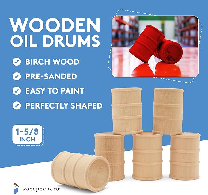 Wooden Oil Drums 1-5/8 Inch, Pack of 50, Small Unfinished Cargo Barrel, Perfect for Miniatures, Scale Models, Play Train Making or Woodworking Craft Projects, by Woodpeckers