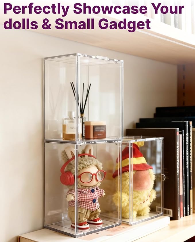Clear Acrylic Display Case for Mini Figures, 6.7" Stackable Front-Open Box, Fits for Labubu, Molly, Crybaby, SKULLPANDA, Sonny Angel, Stitch, Dimoo, Hirono, Twinkle Twinkle, Sanrio & more Collectibles