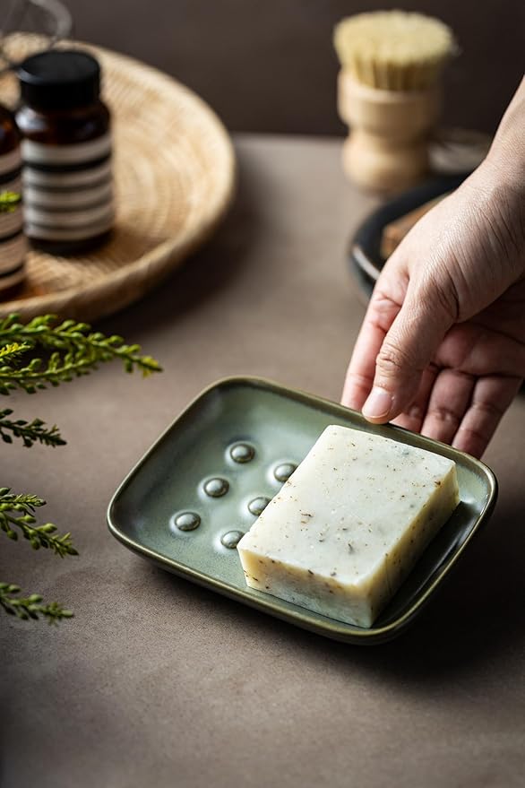 Ceramic Soap Dish for Shower, Non-Slip Bar Soap Saver Tray Bar for Bathroom Kitchen Sink Bathtub, Easy to Clean, Raised Pattern - Keep Soap Dry, Dark Green