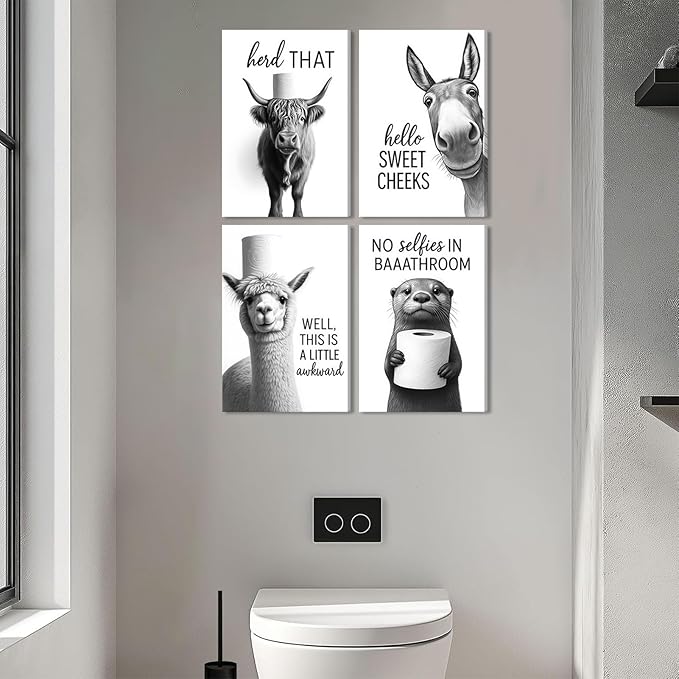Funny Bathroom Wall Art Set of 4 Black and White Bathroom Wall Decor Toilet Paper Pictures Cute Humorous Animal Posters Prints Toilet Signs Painting Artwork Decoration 8x10in