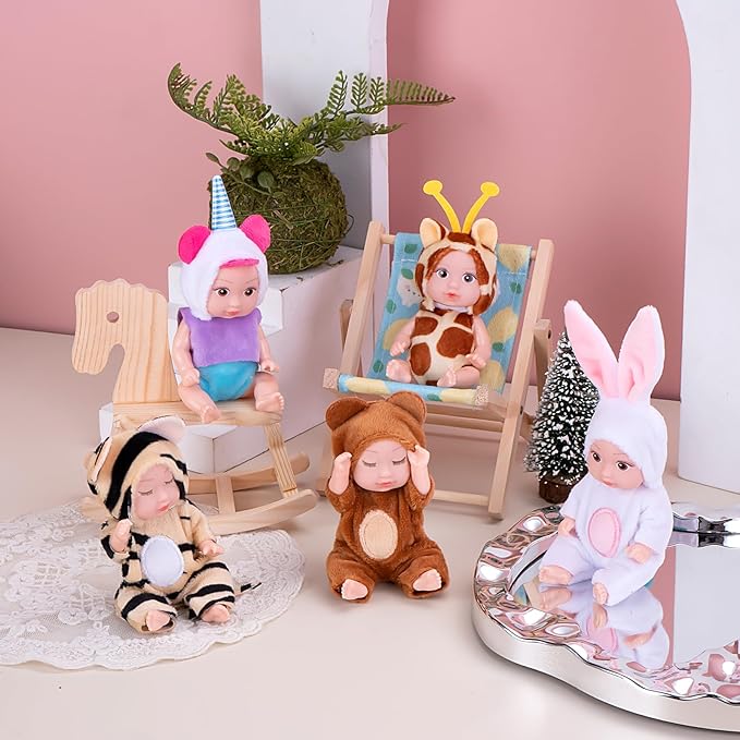 10 Pcs 4 Inch Mini Dolls Playset - Reborn Baby Dolls with Mixed Eyes (5 Open & 5 Closed) Including Handmade Animal Clothes, Christmas Easter Gift for Kids Ages 3+