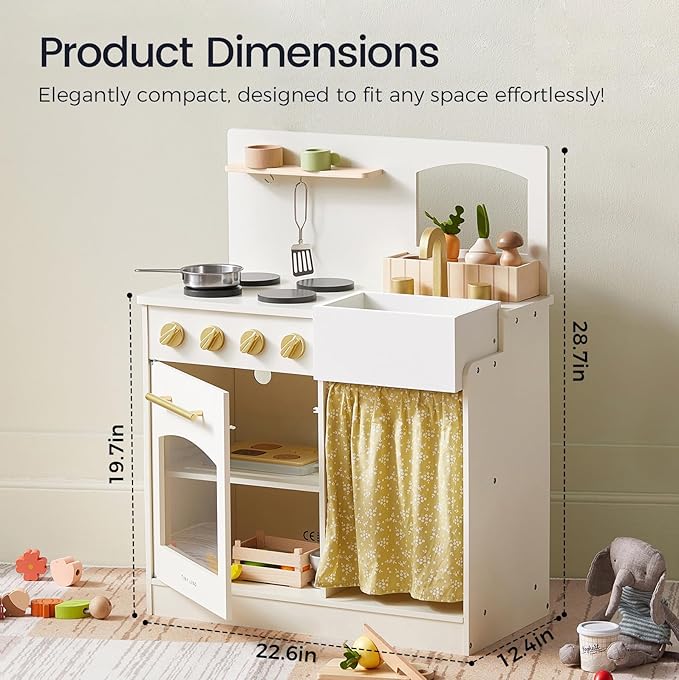 Tiny Land Play Kitchen, Kids Kitchen Playset, Toddler Kitchen with Cutting Food Set, Wooden Kitchen Sets for Kids, Gift for Girls and Boys