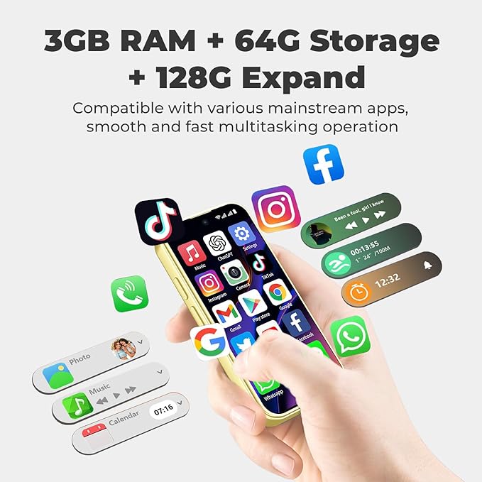 Mini Phone Unlocked Android Phone 4.0" HD Touch Screen Mini Smartphone Kids Smart Phone Dual SIM Quad Core Face ID Small Phone for Students & Children Pocket 3G RAM+ 64GB (Gold, 4.0)