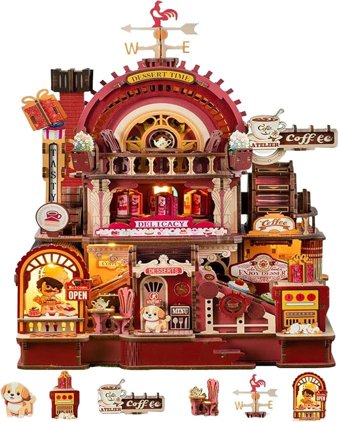 DIY Miniature House Kit - 3D Wooden Puzzle Miniature Kit with LED Light & Movable Dessert Workshop, Book Nook Tiny Model Mini House Building Kit for Adults, Teens, Adults Craft Kits