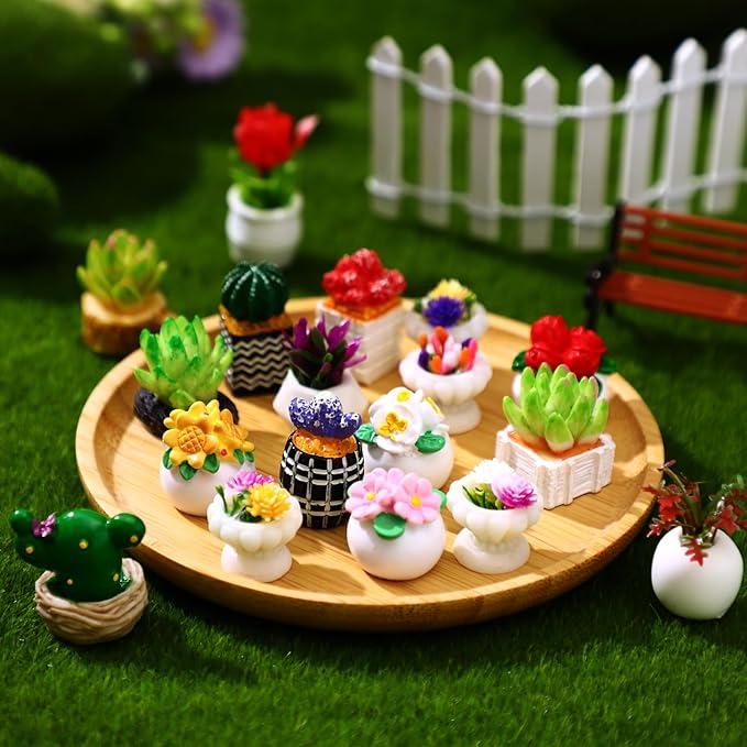 Threehoney 30 Pcs Miniature Dollhouse Plants Accessories Mini Artificial Potted Flower Tiny Resin Greenery Cactus Figurines for Doll House Gift DIY Garden Bonsai Micro Landscape Decoration(Plants)