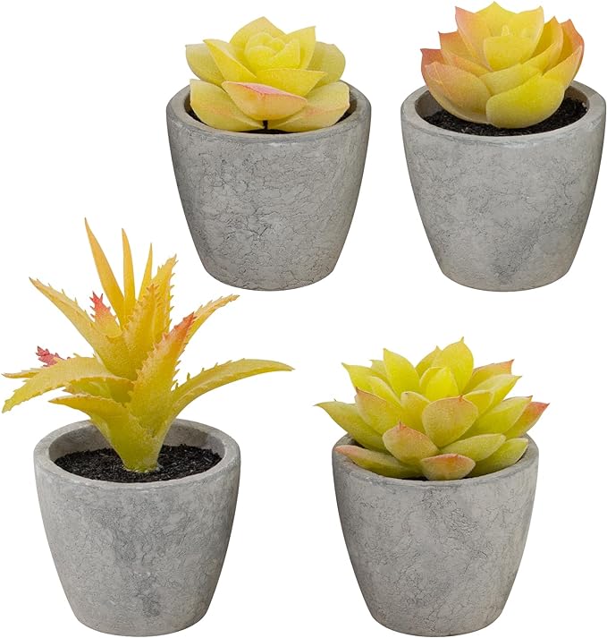LUZOGA Set of 4 Small Yellow Fake Succulent Plants - Mini Artificial Succulents for Bathroom, Living Room, Office Desk, Coffee Table, Kitchen Shelves - Aesthetic Indoor Shelf Decor