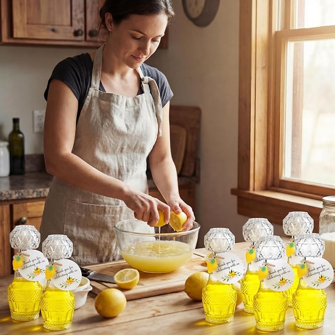 Chuangdi 16 Sets Mini Limoncello Glass Bottles Limoncello Bottles with Labels 1.7 oz Lemon Pendants Lemon Party Favors for Homemade Brewing Wedding Baby Shower Gifts(Fresh)