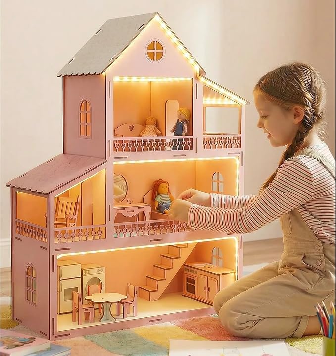 Wooden Doll House with Led Lights Set and Furniture Accessories, Large Size Pink Wooden Dream House, Dollhouse