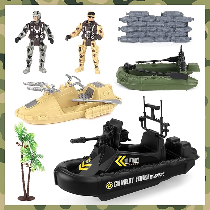 deAO Military Vehicles Set - Combat Boat Toy with 2 Army Men Figures, Batter Boat and Other Weapon Gear Accessories, Great Gift for 3-5+ Boys