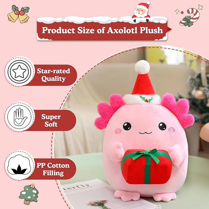 Christmas Axolotl Plush, Cute Axolotl Holding Gift Stuffed Animals Christmas Day Decor Party Favors for Girls and Boys(Pink)