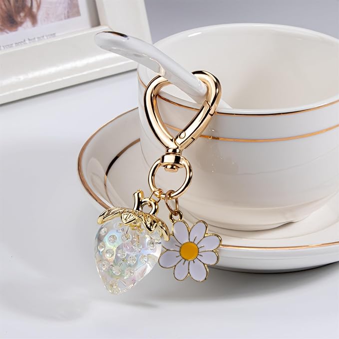 Wikavanli Cute Strawberry Keychain,Bag Charms,Kawaii Heart Flower Daisy Key chains Accessories Decor for Women Girls Purse
