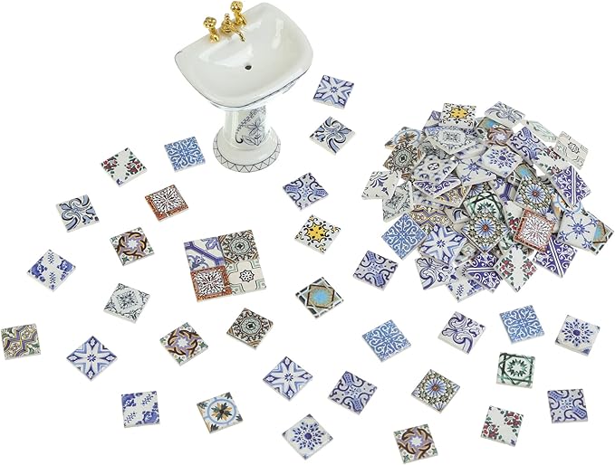 150 pcs, Dollhouse Flooring, 1:12 Scale Doll House Tiles, Miniature Checkerboard Floor, REDUCIO! (Mediterranean Patterns)