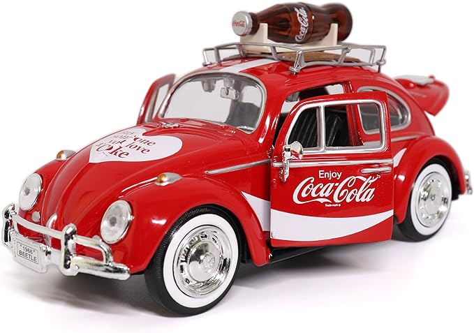 Motor city classics Coca-Cola Diecast Collectible | 1966 VW Beetle with Bottle on Top Rack | 1:24 Diecast Scale Model 424066 | Officially Licensed Coca-Cola Diecast