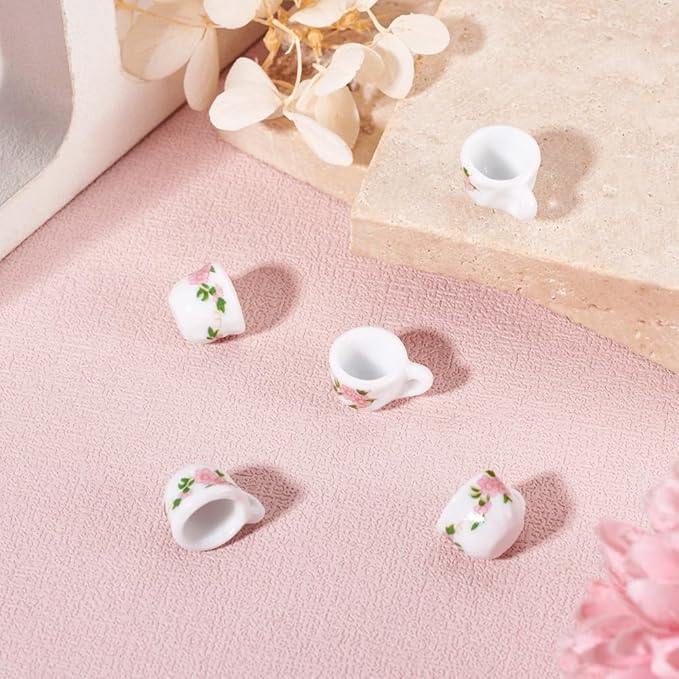 5Pcs Porcelain Mini Tea Cup Decorations 3D Ceramic Tea Set Miniature Model Ornaments Dollhouse Micro Landscape Decoration White with Pink Flower Garden Home Decor Accessories 16.5x12.5x9.5mm