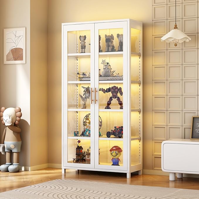 Display Cabinet with Glass Doors, 5-Tier Curio Cabinet with 4 Adjustable Shelves for Collectibles Toy Organizers Rack & Display Shelf, Kids Bookcase for Bedroom, Reading Nook, Living Room (White)