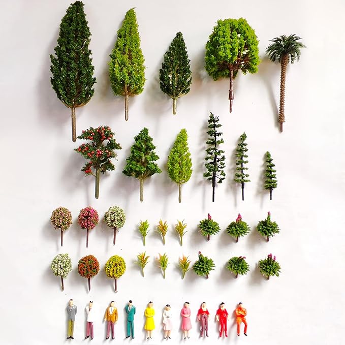 QuarenDen Model Scenery Kit, 47pcs, Painted Figures, Model Train Scenery, Miniature Trees, Model Trees, Model Grass Mat for Miniature Scene Landscape
