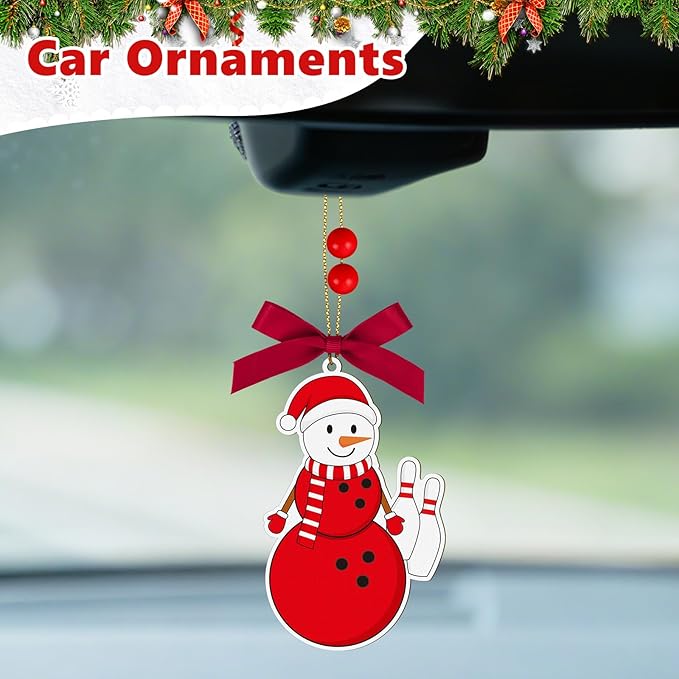 4.3 Inches Snowman Bowling Christmas Ornament, Wooden Bowling Snowman Tree Ornament Hanging Decoration for Rearview Mirror, Window, Eaves, Fireplace and Home Holiday Party Decor
