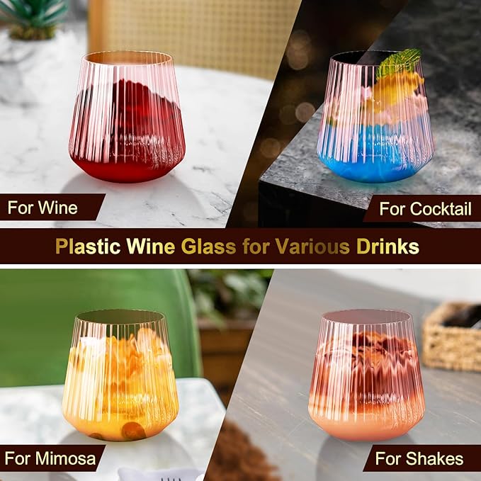 Lueumxc 40 Pack Plastic Ribbed Wine Glasses, 14Oz Origami Disposable Wine Glasses Unbreakable Clear Plastic Cocktail Glasses Recyclable Shatterproof Reusable Wine Cups (14oz-pink-40pack)