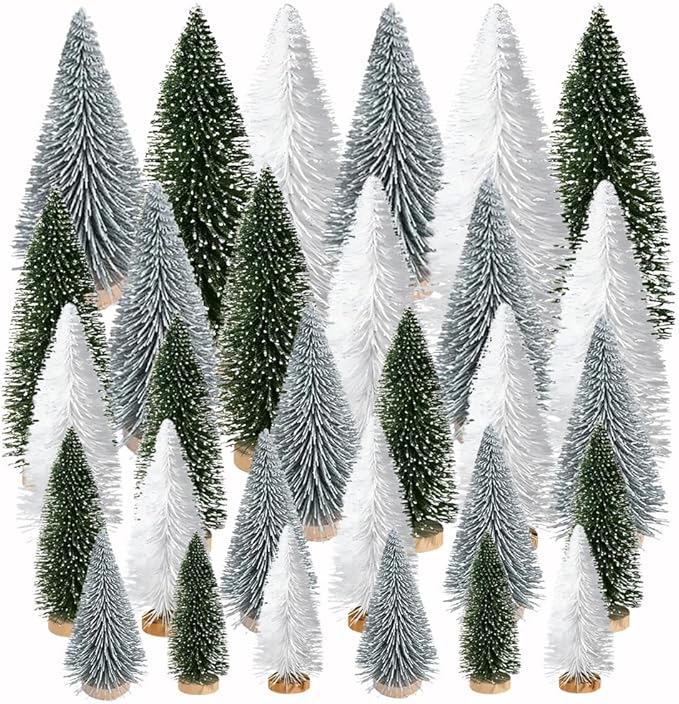 Yahpetes Artificial Mini Christmas Trees, 30 Pcs Sisal Snow Pines in 5 Sizes, Crafting Displaying Decoration, Tabletop Xmas Tree for Home, Party (Silver/White/Green)