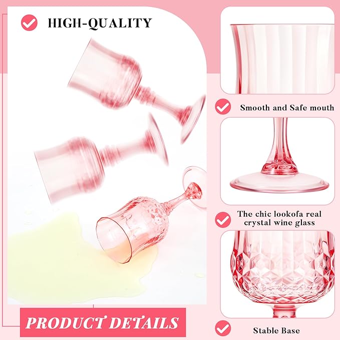 Pinkunn 50 Pcs 7 oz Plastic Vintage Wine Glasses Reusable Colored Goblets Patterned Drinking Water Glasses Cup Dishwasher Safe for Valentine's Day Wedding Reception Party Supplies (Pink)