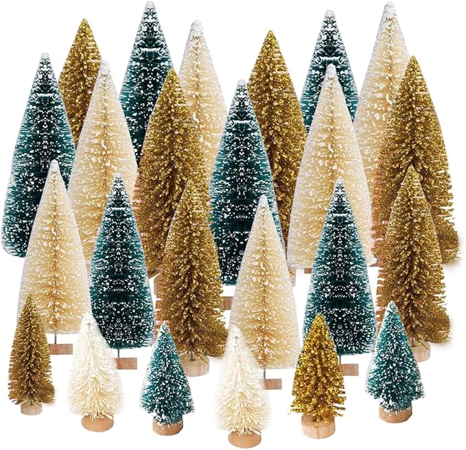 Yahpetes Christmas Tree 24 Pcs Artificial Christmas Trees Miniature Pine Trees 4 Sizes Sisal Trees with Wood Base Bottle Brush Trees for Crafting Displaying Decoration(Blue-Green,White,Gold, 24Pcs)